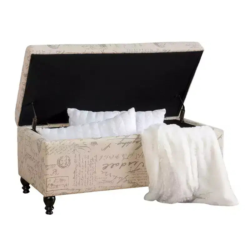 Otomana/Banco de Almacenamiento Tapizado en Tela – Beige, Estampado de Letras/Escritura Francesa, Patas Teñidas Oscuras