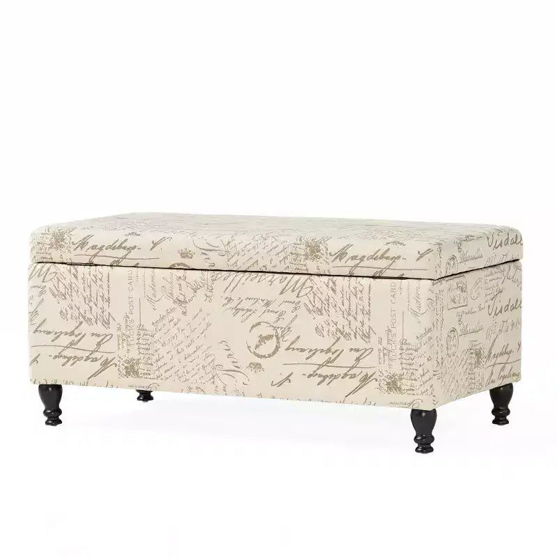 Otomana/Banco de Almacenamiento Tapizado en Tela – Beige, Estampado de Letras/Escritura Francesa, Patas Teñidas Oscuras