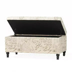 Otomana/Banco de Almacenamiento Tapizado en Tela – Beige, Estampado de Letras/Escritura Francesa, Patas Teñidas Oscuras