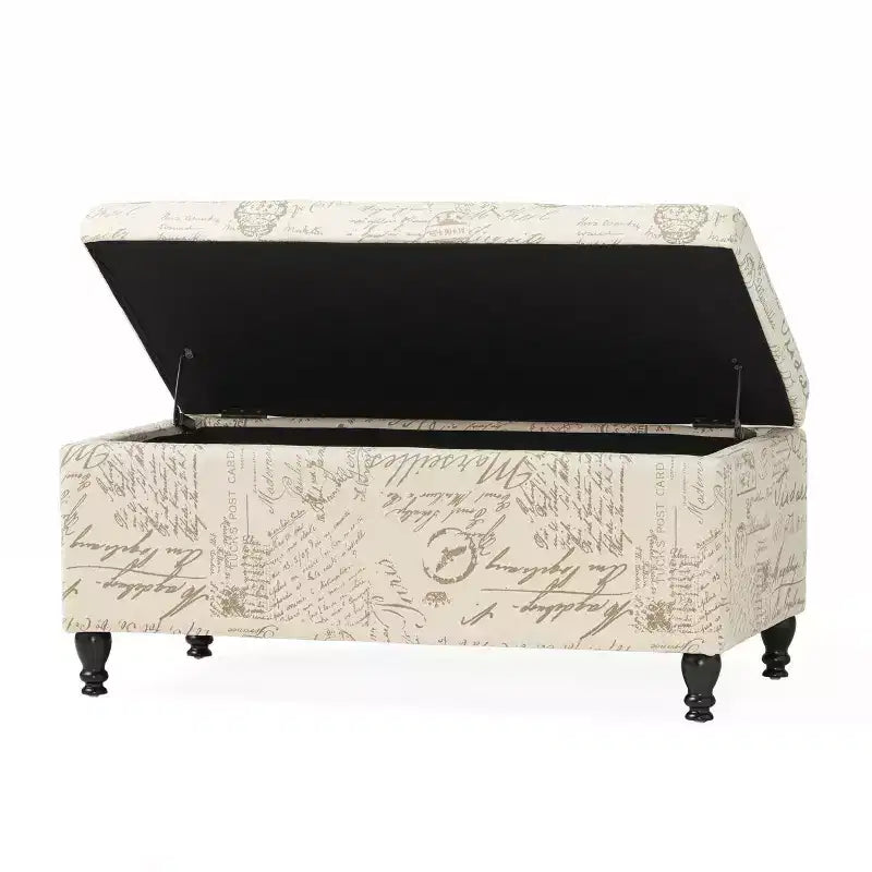 Otomana/Banco de Almacenamiento Tapizado en Tela – Beige, Estampado de Letras/Escritura Francesa, Patas Teñidas Oscuras
