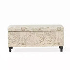 Otomana/Banco de Almacenamiento Tapizado en Tela – Beige, Estampado de Letras/Escritura Francesa, Patas Teñidas Oscuras