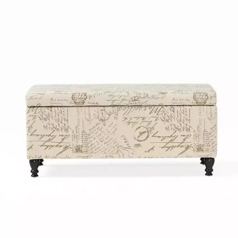 Otomana/Banco de Almacenamiento Tapizado en Tela – Beige, Estampado de Letras/Escritura Francesa, Patas Teñidas Oscuras