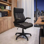 Sillón de oficina de respaldo medio - Negro, piel sintética, brazos abatibles, base de nailon de 5 radios
