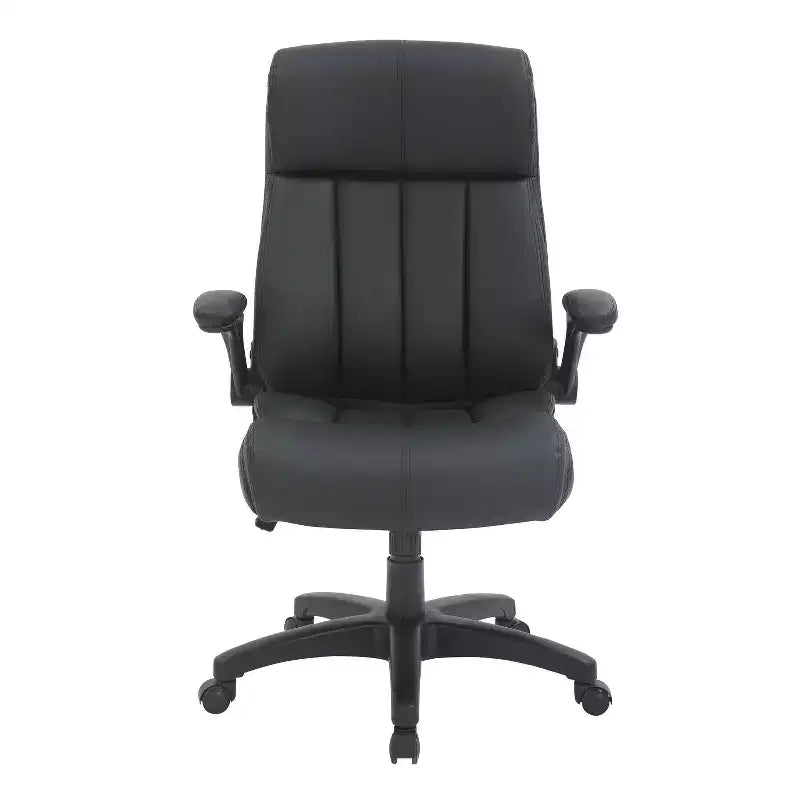 Sillón de oficina de respaldo medio - Negro, piel sintética, brazos abatibles, base de nailon de 5 radios