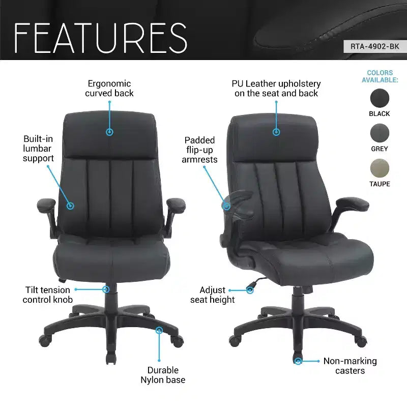 Sillón de oficina de respaldo medio - Negro, piel sintética, brazos abatibles, base de nailon de 5 radios