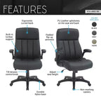 Sillón de oficina de respaldo medio - Negro, piel sintética, brazos abatibles, base de nailon de 5 radios