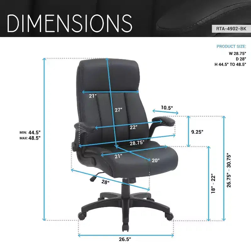 Sillón de oficina de respaldo medio - Negro, piel sintética, brazos abatibles, base de nailon de 5 radios
