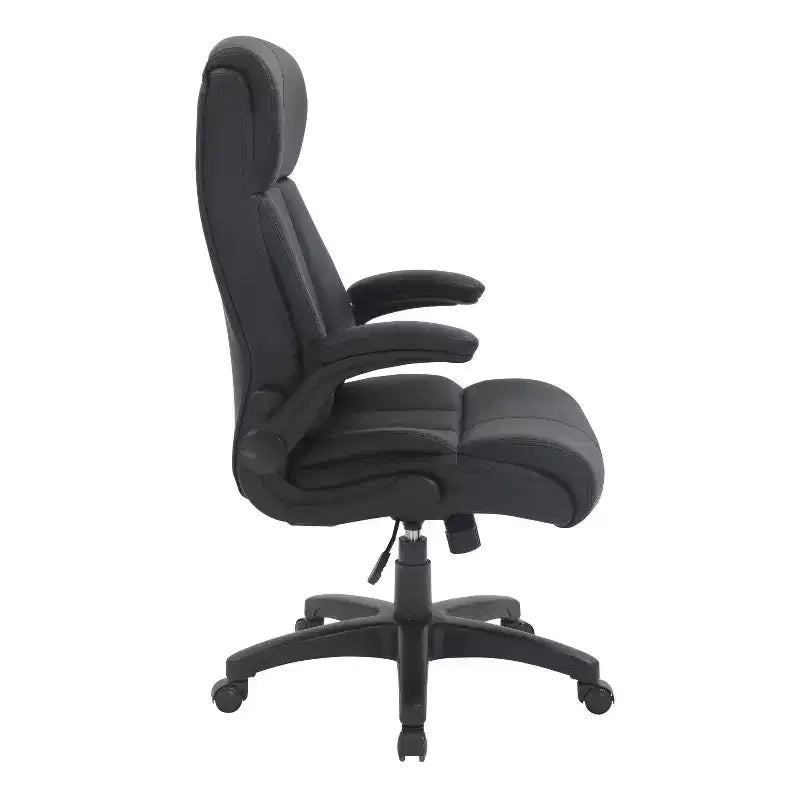 Sillón de oficina de respaldo medio - Negro, piel sintética, brazos abatibles, base de nailon de 5 radios