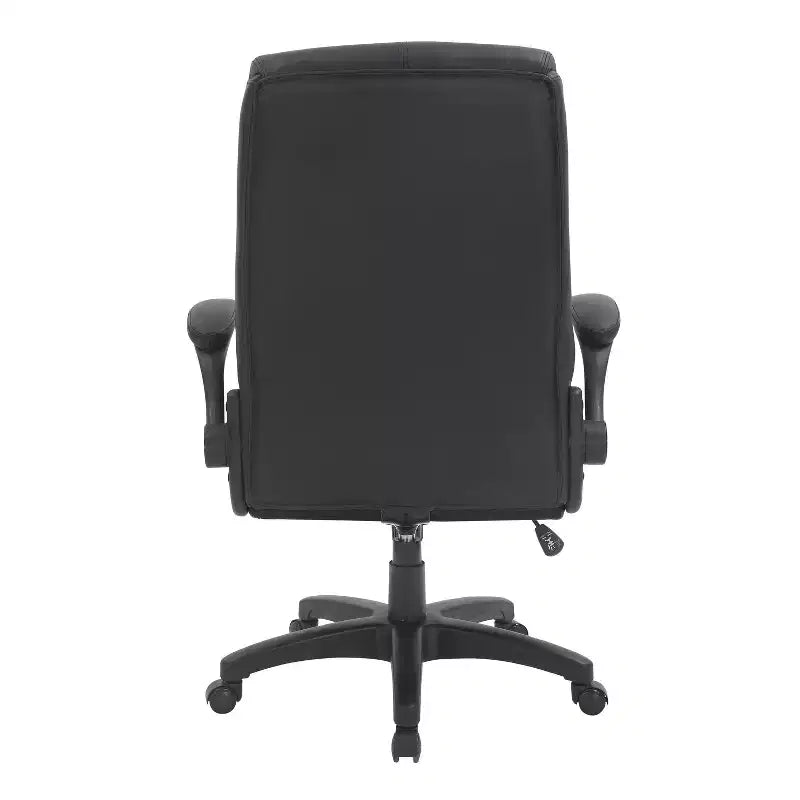 Sillón de oficina de respaldo medio - Negro, piel sintética, brazos abatibles, base de nailon de 5 radios