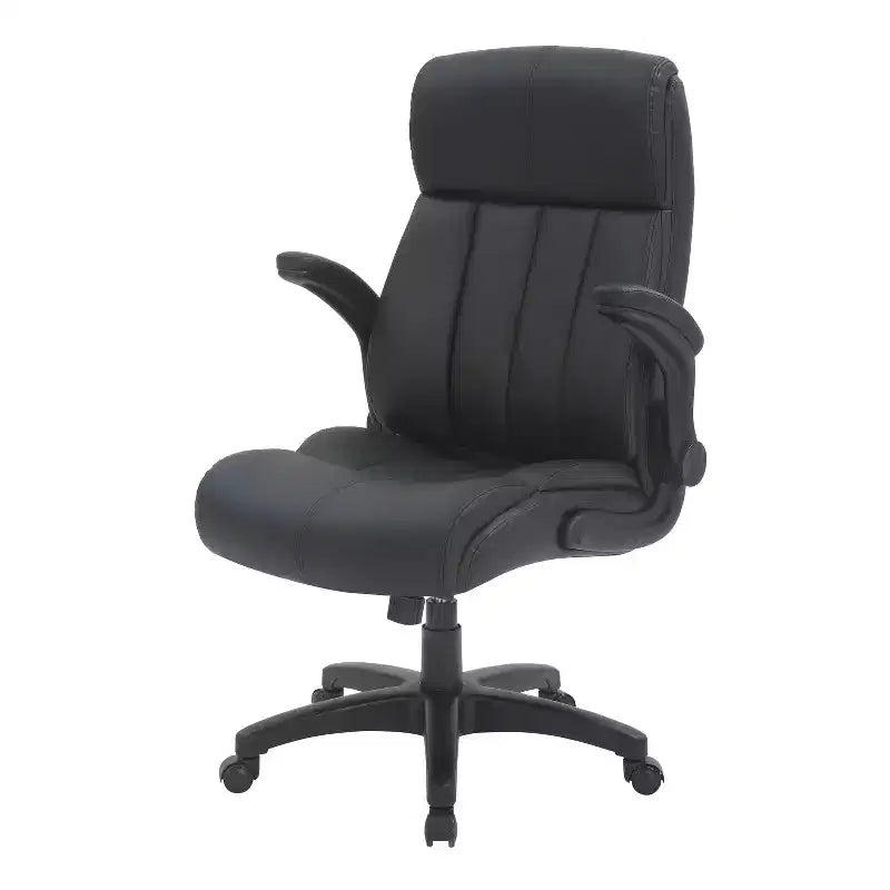 Sillón de oficina de respaldo medio - Negro, piel sintética, brazos abatibles, base de nailon de 5 radios