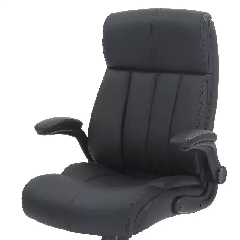 Sillón de oficina de respaldo medio - Negro, piel sintética, brazos abatibles, base de nailon de 5 radios