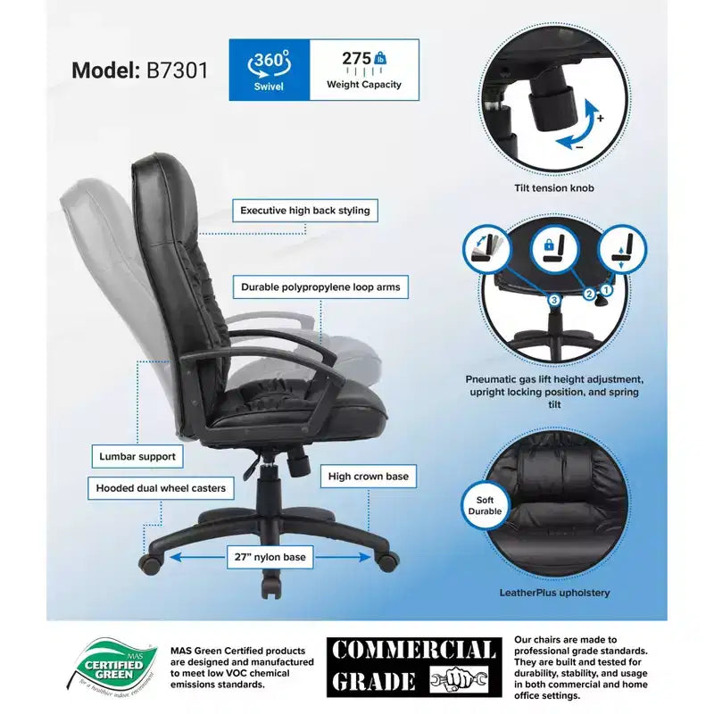 Sillón ergonómico de oficina de respaldo alto – Negro, Piel+PU, Inclinación con resorte, Elevador neumático
