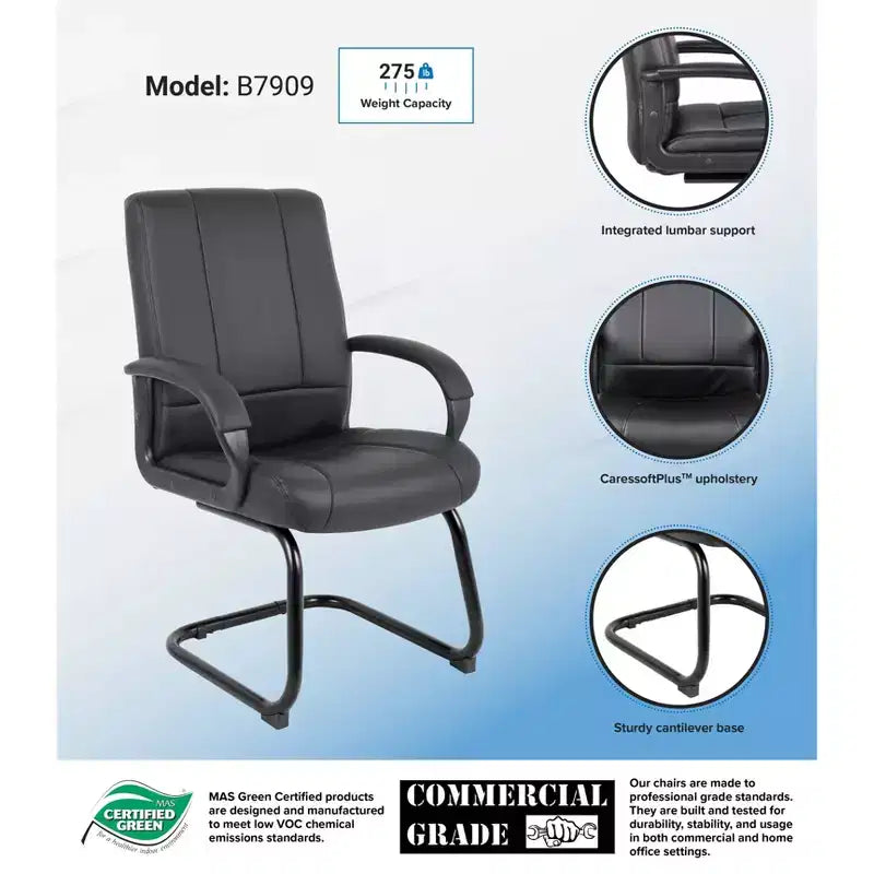 Sillón de visitas de respaldo medio – Negro, tapizado en piel, estructura de metal, brazos fijos, deslizadores de suelo