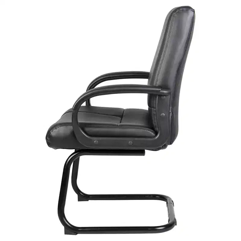 Sillón de visitas de respaldo medio – Negro, tapizado en piel, estructura de metal, brazos fijos, deslizadores de suelo