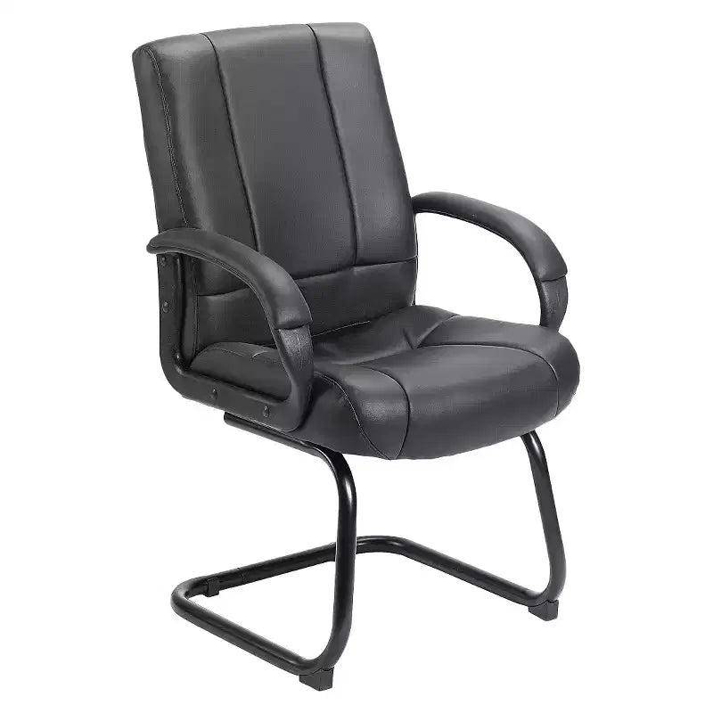 Sillón de visitas de respaldo medio – Negro, tapizado en piel, estructura de metal, brazos fijos, deslizadores de suelo