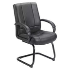Sillón de visitas de respaldo medio – Negro, tapizado en piel, estructura de metal, brazos fijos, deslizadores de suelo