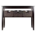 Mesa consola rústica con 3 cestas tejidas – Espresso, estante abierto, laterales de listones