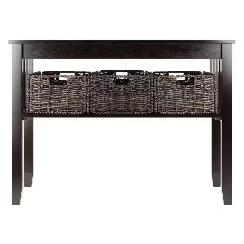 Mesa consola rústica con 3 cestas tejidas – Espresso, estante abierto, laterales de listones