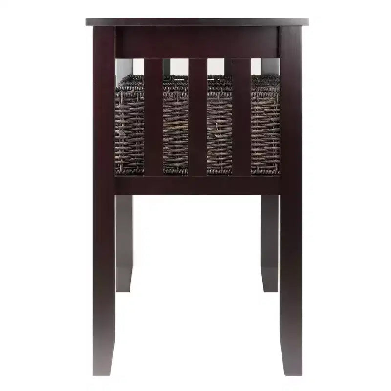 Mesa consola rústica con 3 cestas tejidas – Espresso, estante abierto, laterales de listones