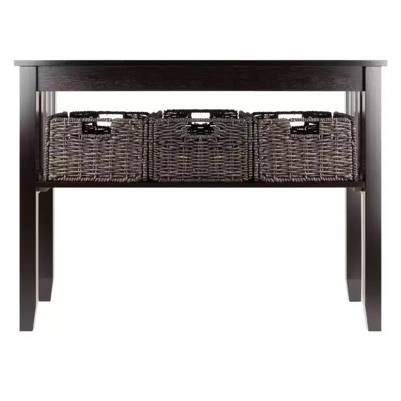 Mesa consola rústica con 3 cestas tejidas – Espresso, estante abierto, laterales de listones