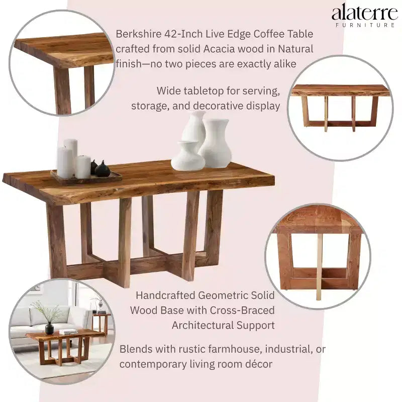 Mesa de centro de madera maciza de acacia con borde natural de 42" – Marrón natural, acabado no tóxico, base de forma