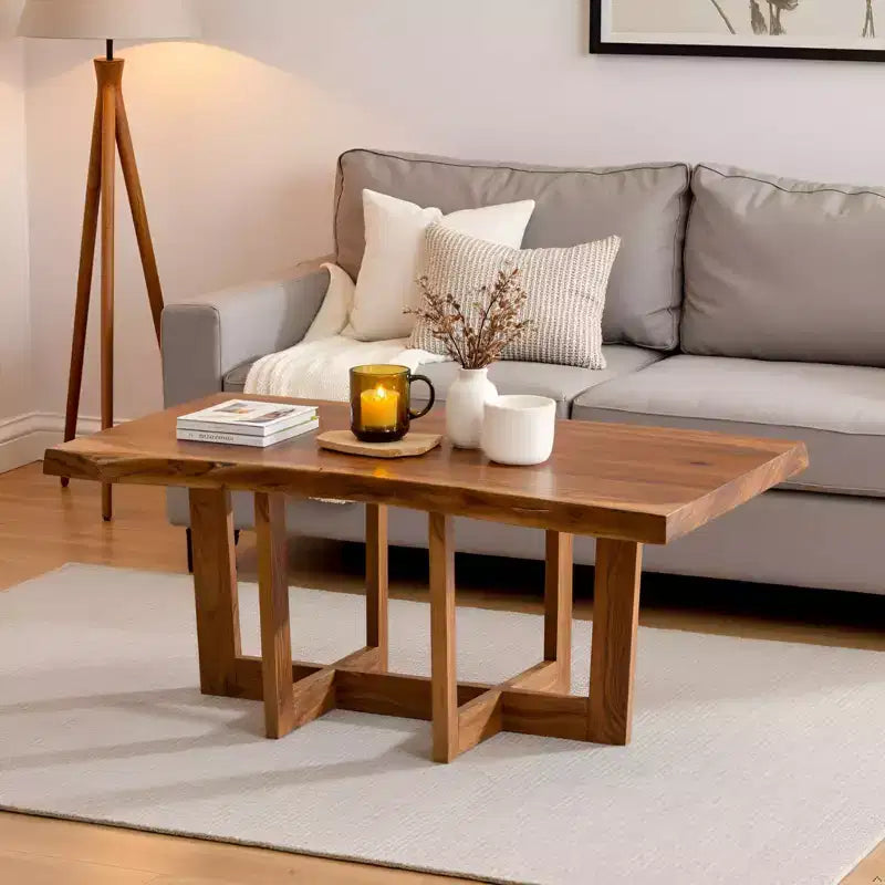 Mesa de centro de madera maciza de acacia con borde natural de 42" – Marrón natural, acabado no tóxico, base de forma