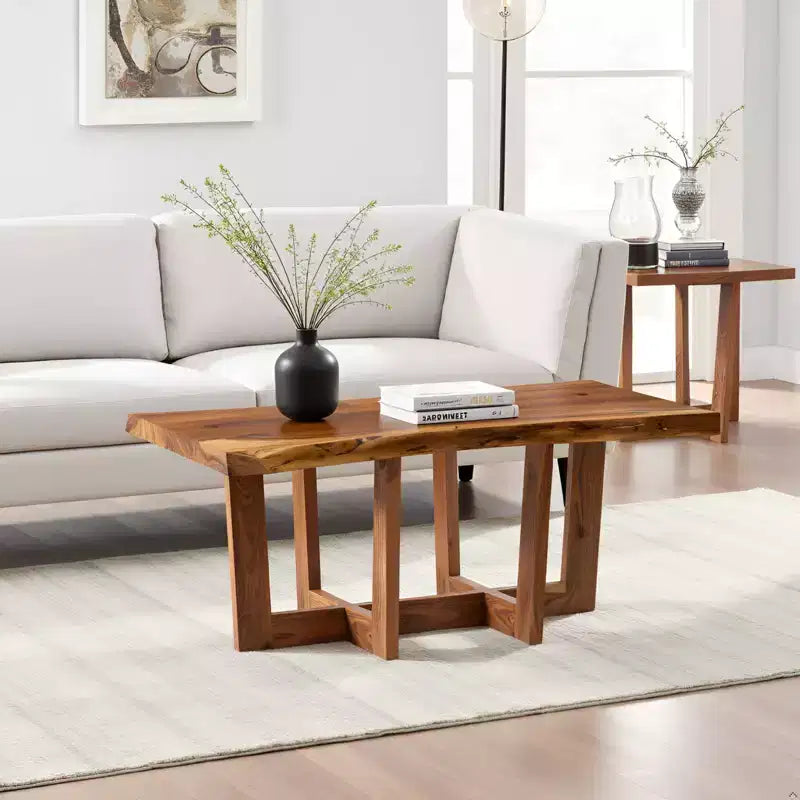 Mesa de centro de madera maciza de acacia con borde natural de 42" – Marrón natural, acabado no tóxico, base de forma
