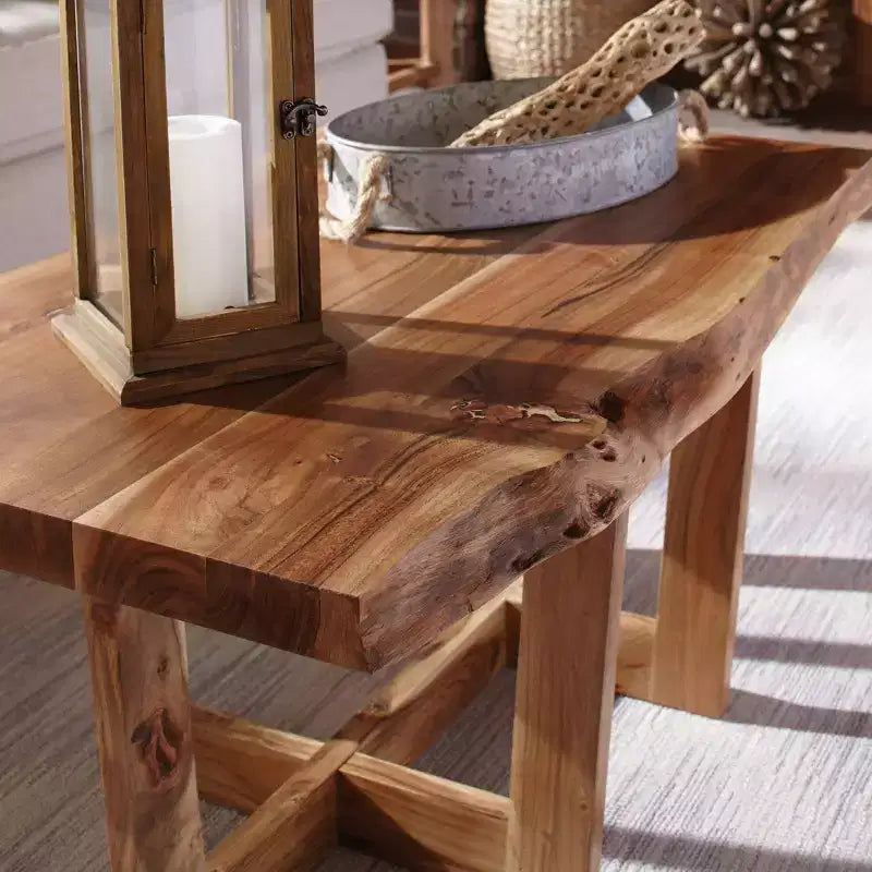 Mesa de centro de madera maciza de acacia con borde natural de 42" – Marrón natural, acabado no tóxico, base de forma