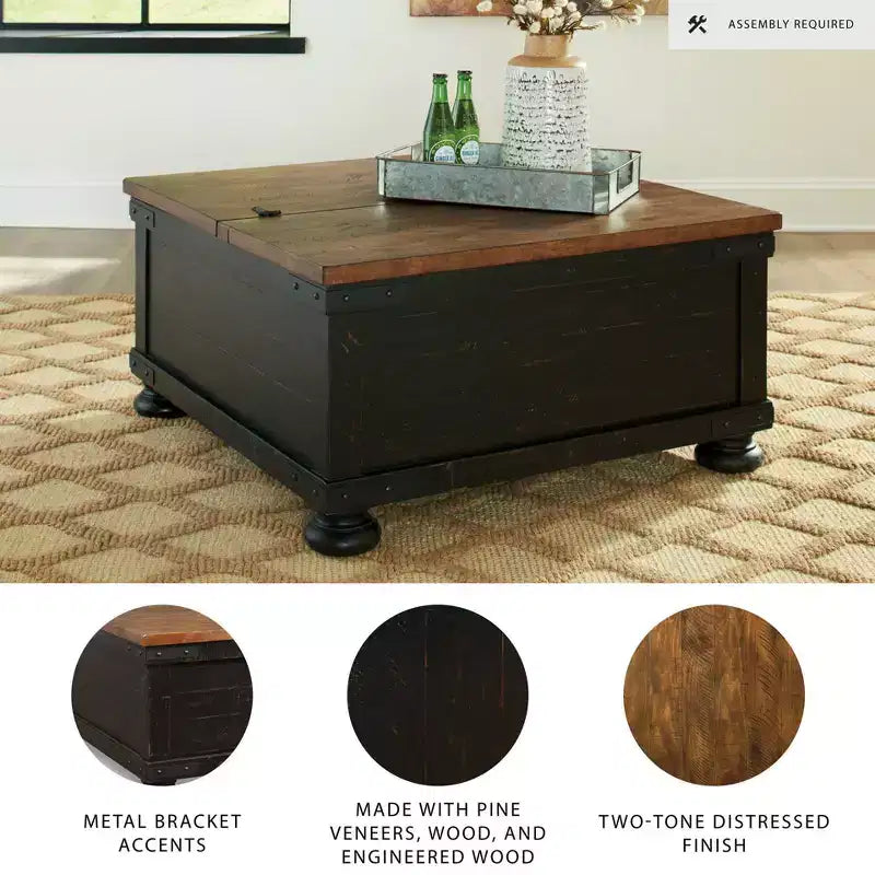 Mesa de centro cuadrada elevable – Negro/marrón, rústica de dos tonos, chapado de pino, base de 4 patas