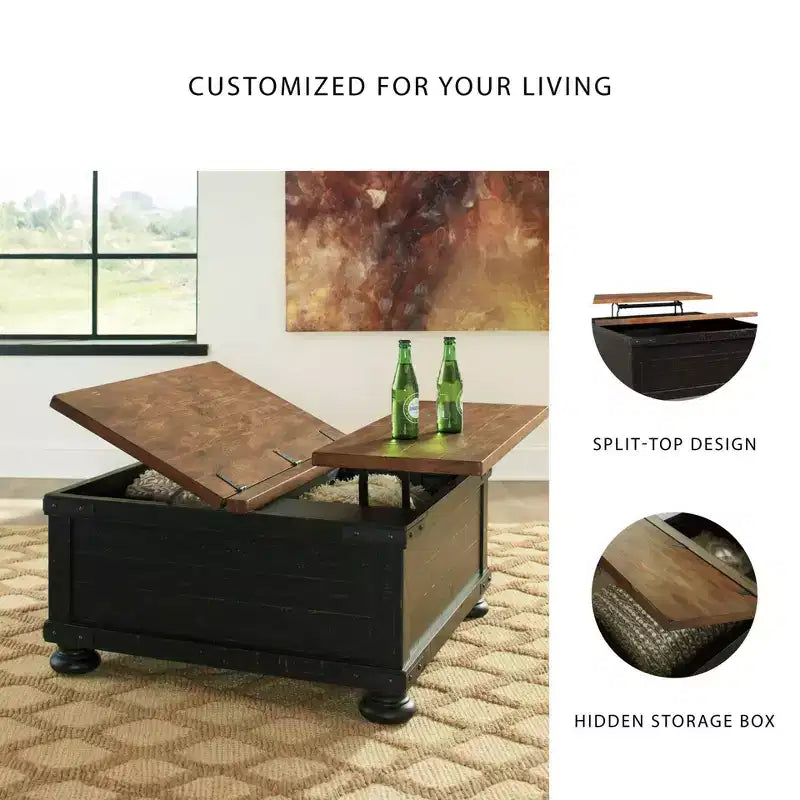 Mesa de centro cuadrada elevable – Negro/marrón, rústica de dos tonos, chapado de pino, base de 4 patas