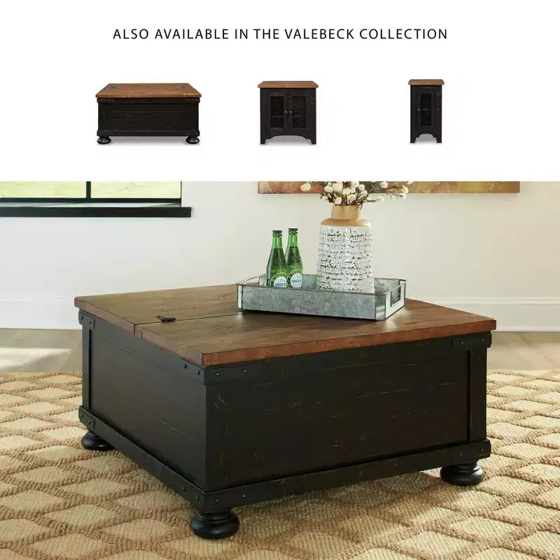 Mesa de centro cuadrada elevable – Negro/marrón, rústica de dos tonos, chapado de pino, base de 4 patas