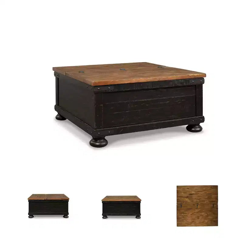 Mesa de centro cuadrada elevable – Negro/marrón, rústica de dos tonos, chapado de pino, base de 4 patas