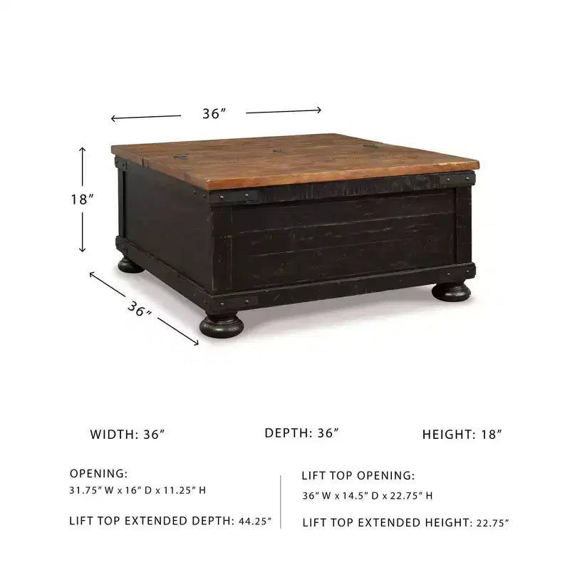 Mesa de centro cuadrada elevable – Negro/marrón, rústica de dos tonos, chapado de pino, base de 4 patas