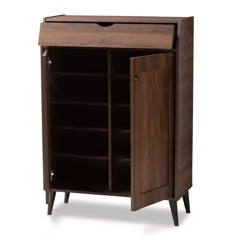Gabinete de entrada de 2 puertas de nogal con organizador de zapatos – Estilo moderno de mediados de siglo, 10 pares