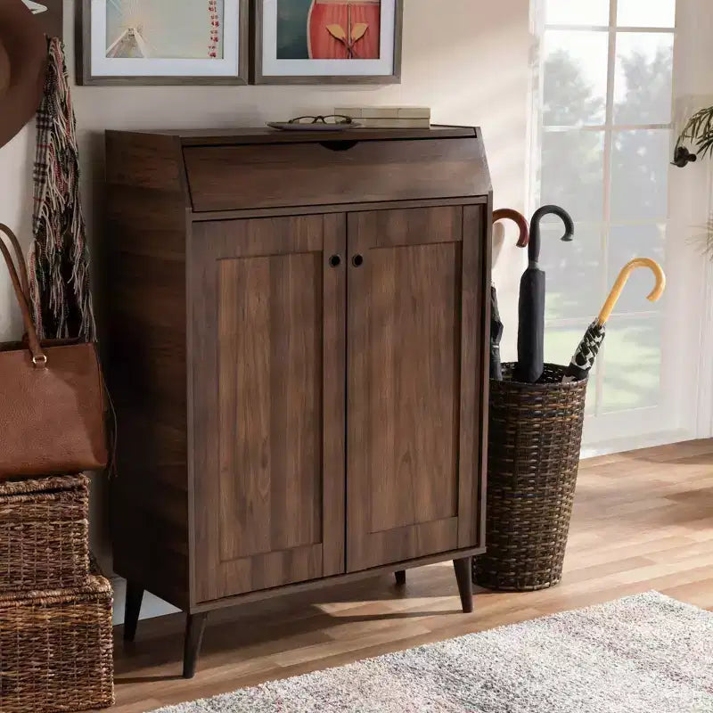 Gabinete de entrada de 2 puertas de nogal con organizador de zapatos – Estilo moderno de mediados de siglo, 10 pares