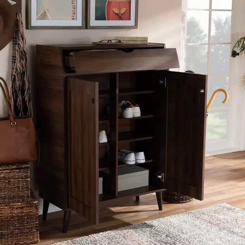 Gabinete de entrada de 2 puertas de nogal con organizador de zapatos – Estilo moderno de mediados de siglo, 10 pares