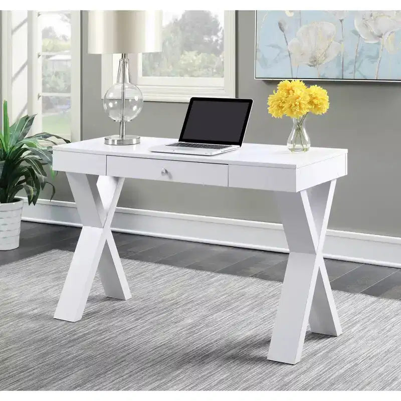 Escritorio de madera con cajón – Patas en forma de X, almacenamiento superior, compuesto de MDF