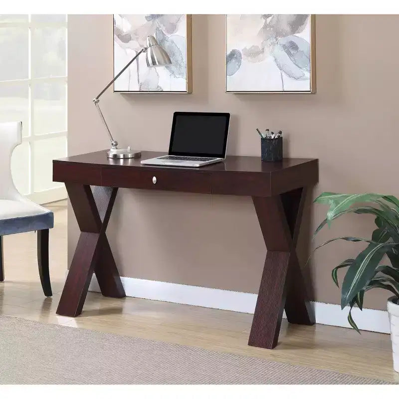 Escritorio de madera con cajón – Patas en forma de X, almacenamiento superior, compuesto de MDF