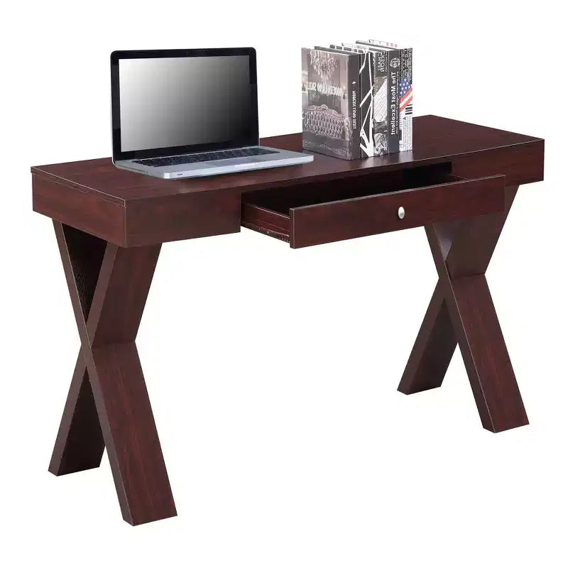 Escritorio de madera con cajón – Patas en forma de X, almacenamiento superior, compuesto de MDF