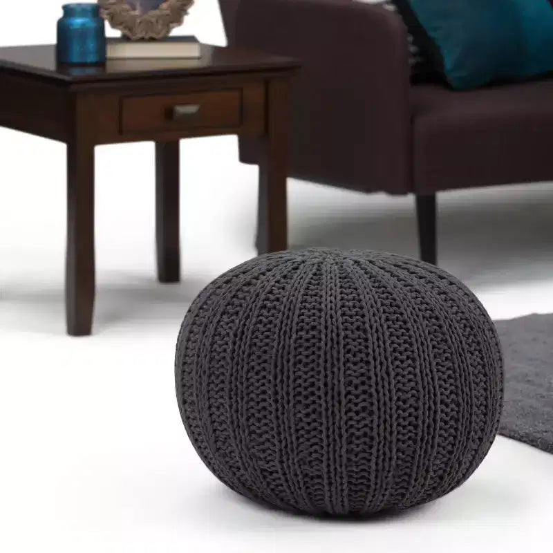Puf redondo de algodón tejido a mano – 6 opciones de color, relleno de poliestireno, completamente ensamblado