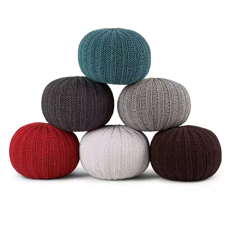 Puf redondo de algodón tejido a mano – 6 opciones de color, relleno de poliestireno, completamente ensamblado