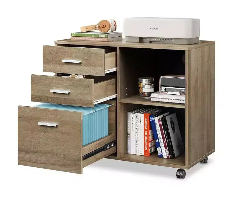Archivador móvil de 3 cajones con estante abierto, negro / roble gris
