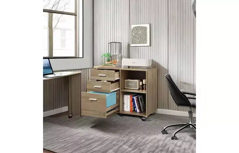 Archivador móvil de 3 cajones con estante abierto, negro / roble gris