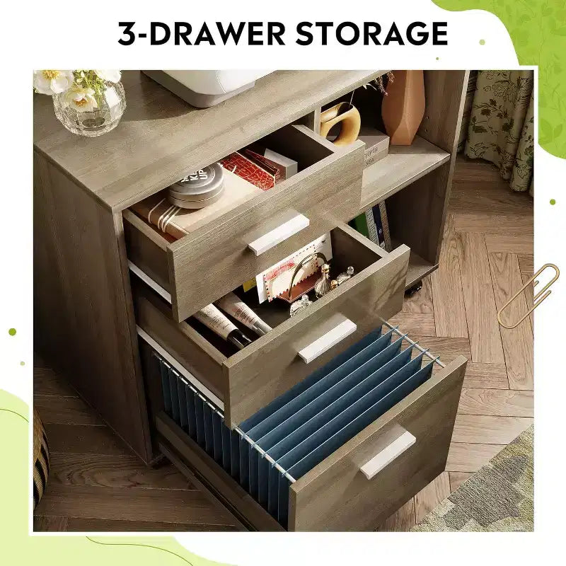 Archivador móvil de 3 cajones con estante abierto, negro / roble gris
