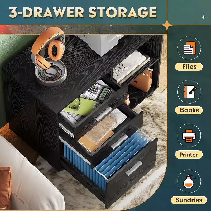 Archivador móvil de 3 cajones con estante abierto, negro / roble gris