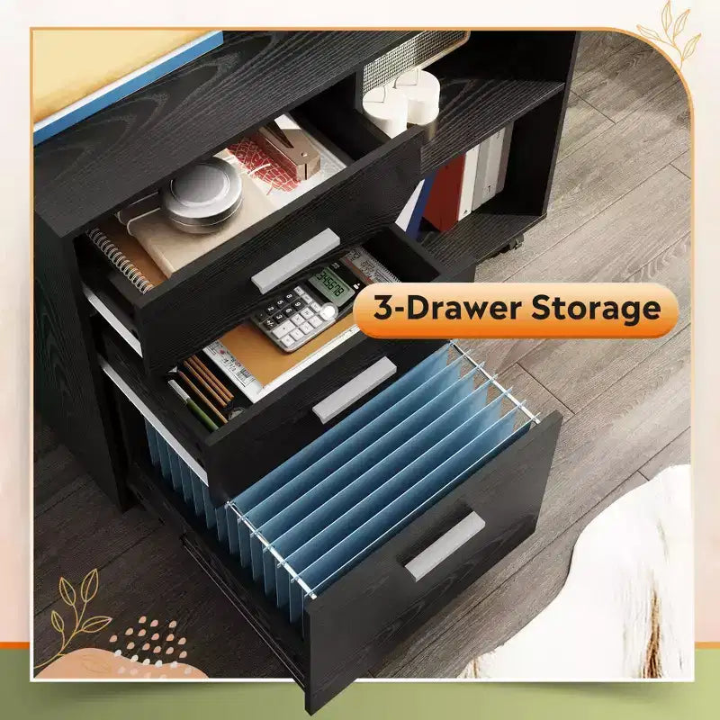 Archivador móvil de 3 cajones con estante abierto, negro / roble gris