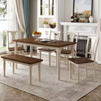 Whisen Classic 6-Piece Dining Set Wooden Table with 4 Chairs and Bench - Brown / Cottage White