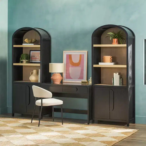 Escritorio moderno de 3 piezas con 2 gabinetes de librería arqueados - MDF, herrajes antivuelco
