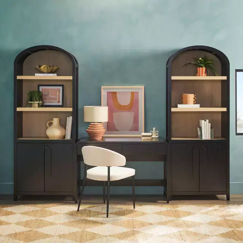 Escritorio moderno de 3 piezas con 2 gabinetes de librería arqueados - MDF, herrajes antivuelco