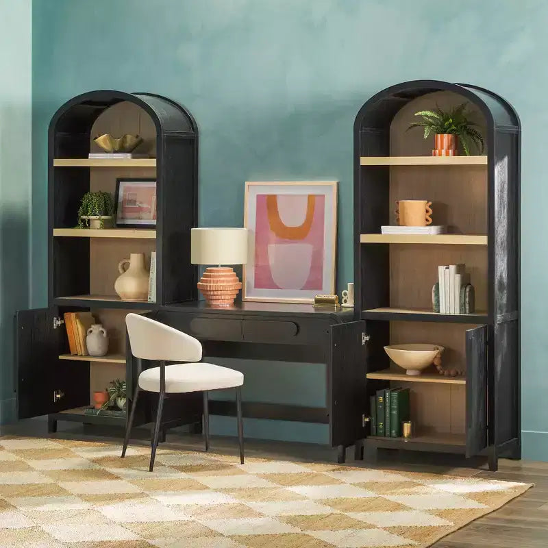Escritorio moderno de 3 piezas con 2 gabinetes de librería arqueados - MDF, herrajes antivuelco